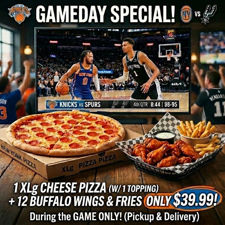 XLg Pizza 1 Topping and 12 Wings with fries.