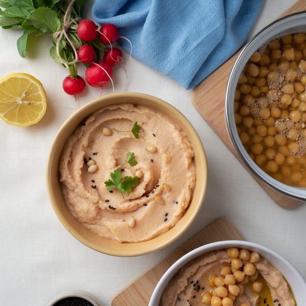 Overhead view of two bowls of hummus, a pot of chickpeas, radishes, and a lemon half.